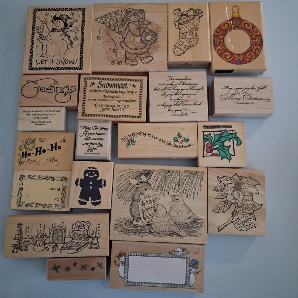 20 Vintage Christmas Wood Rubber Stamp Lot Stampin Up House Mouse Snowman